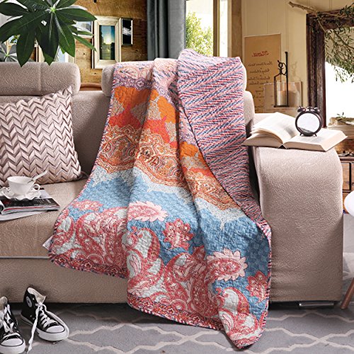 Luxury Reversible 100% Cotton Chic Boho Stripe Quilted Throw Blanket 60