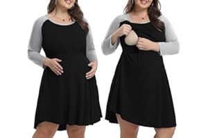 MONNURO Women's Plus Size Nursing Dress Color Block Labor Delivery Maternity Nightgown Dress for Breastfeeding