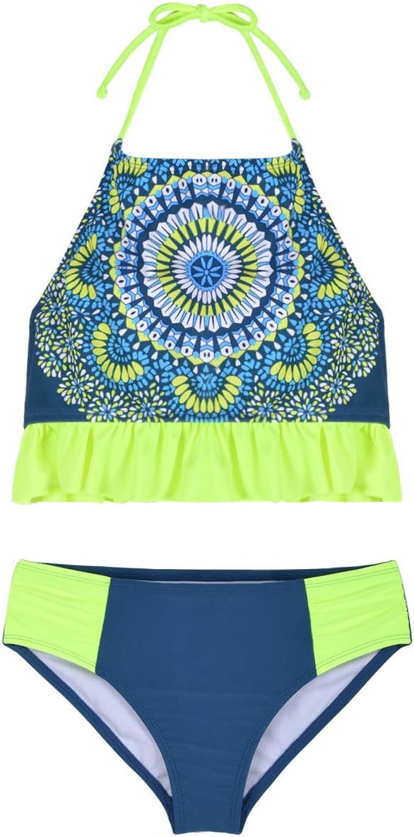 Hilor Girl's Bikini Swimsuits Ruffle Flounce Two Piece Beach Swimwear Tankini Set