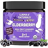 Llama Naturals Elderberry Gummies for Kids, Vegan, Organic Immune Support Supplement with Vitamin C and Zinc, Toddler Real Fruit Gummy Vitamins for Immunity, Chewable, No Added Sugar Cane, 60 Ct