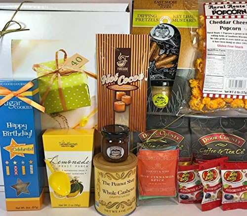 Happy 40th Birthday Gift Box Basket - Send Gourmet Coffees, Teas, Pretzels, Mustard, Fudge Sauce, Cookies, Hot Cocoa, Candy, Popcorn, and Nuts - Prime Happy Birthday 40 Men Women