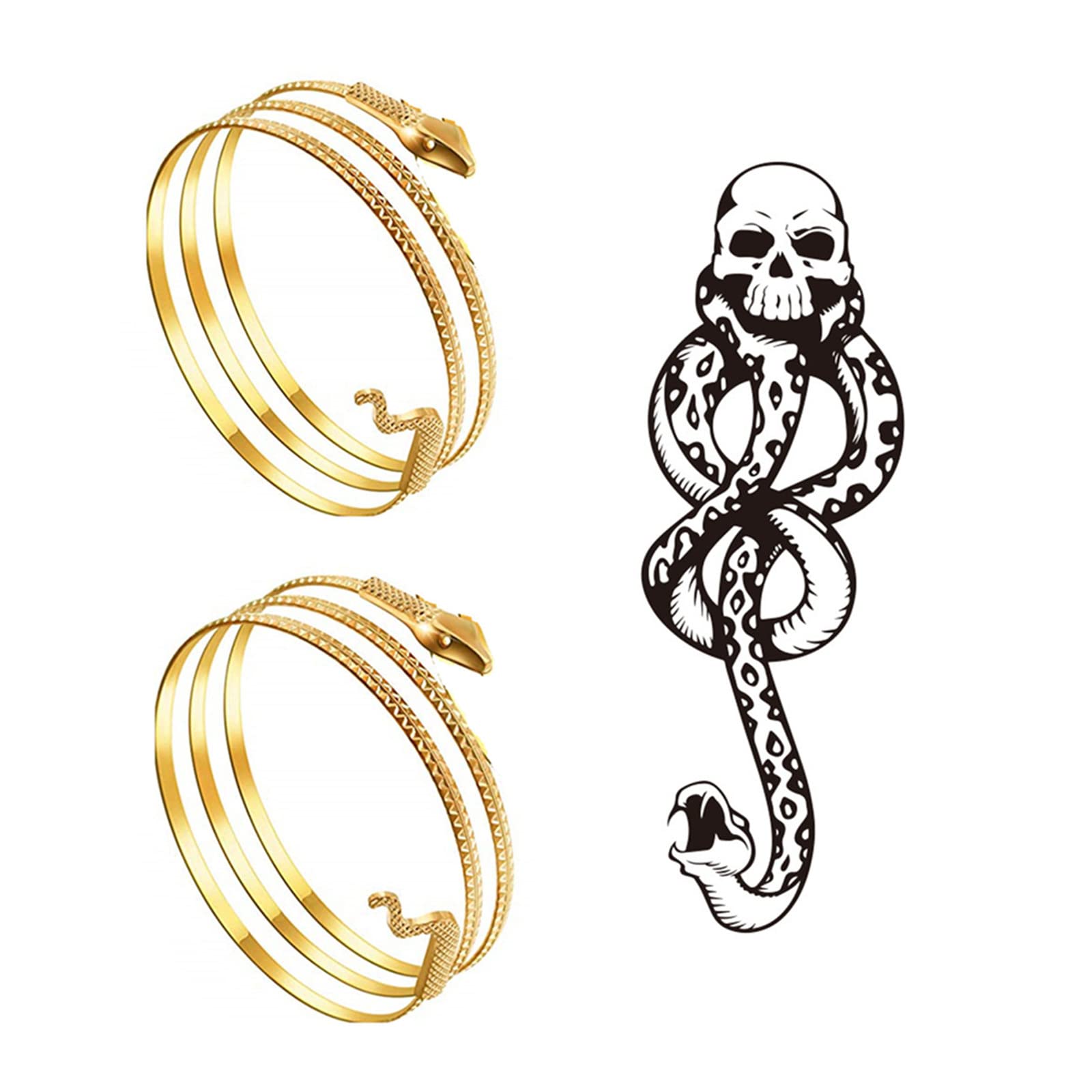 XHBTS Snake Temporary Tattoos and 2 Pack Metal Snake Armband Swirl Snake Spiral Upper Arm Cuff Armlet Bangle Bracelet Egyptian Costume Accessory for Women Gold