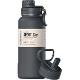 Hydrapeak 32oz Sport Insulated Water Bottle with Straw &amp; Bonus Chug Lid, Leak &amp; Spill Proof, Keeps Drinks Cold for 24 Hours, Premium Stainless Steel (Grey Matter)