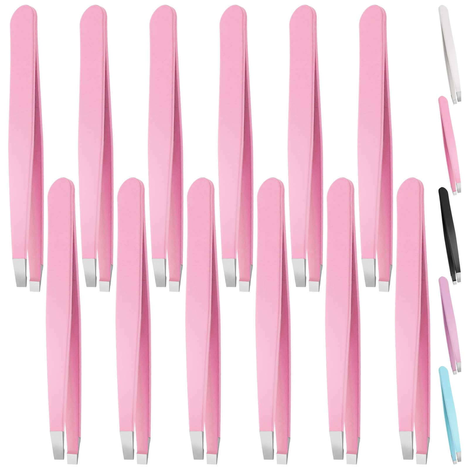 Swpeet 12Pcs 3.79 Inches Pink Eyebrow Tweezers Stainless Steel Slant Tip Tweezers Kit, Professional Eyebrow Facial and Hair Remover, Slant Pointed Precision Tweezers Fits for Men and Women