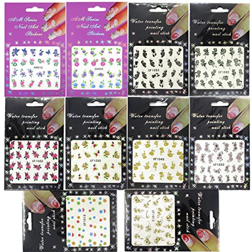 10 Pack Flower Nail Art Stickers Decals Water Slide Sticker Decal 3 Boxes Acrylic Nail Rhinestones Decorations Fingernail Accessories (10 Pack Style 2)