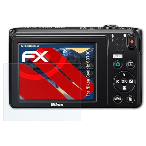 atFoliX Schutzfolie kompatibel mit Nikon Coolpix S3700 Panzerfolie, ultraklare und stoßdämpfende FX Folie (3X)