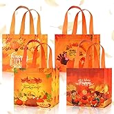 ALIBBON 12 Pcs Fall Gift Bags with Handles, 4 Designs Pumpkin Turkey Reusable Non-woven Tote Bags, Fall Grocery Bags Thanksgiving Gift Bags for Cookie Candy Gifts Wrapping Party Supplies 8×8×6 Inch