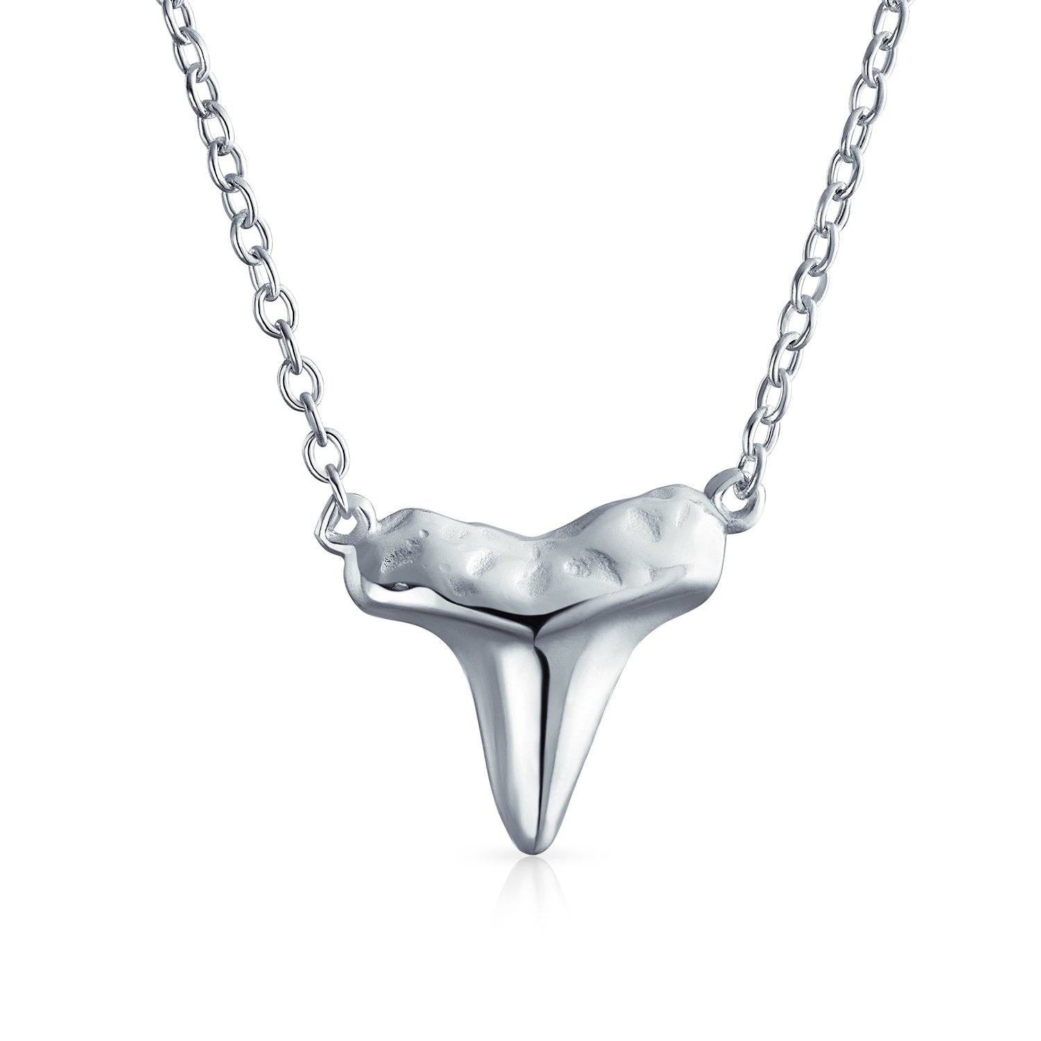 Bling Jewelry Nautical Fisherman Ocean Nautical Animal Hawaiian Shark Tooth Pendant Necklace For Women Teen Hammered Finished .925 Sterling Silver