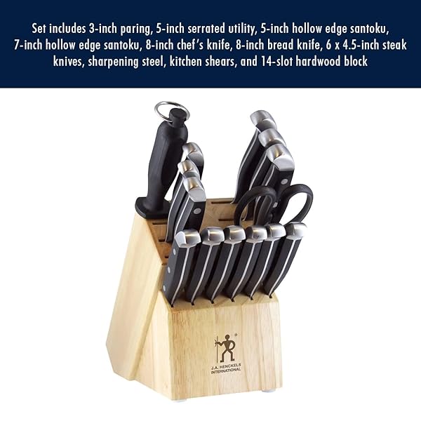 HENCKELS PREMIUM QUALITY 15-PIECE KNIFE SET WITH BLOCK, RAZOR-SHARP, GERMAN ENGINEERED KNIFE INFORMED BY OVER 100 YEARS OF MASTERFUL KNIFE MAKING, LIGHTWEIGHT AND STRONG, DISHWASHER SAFE