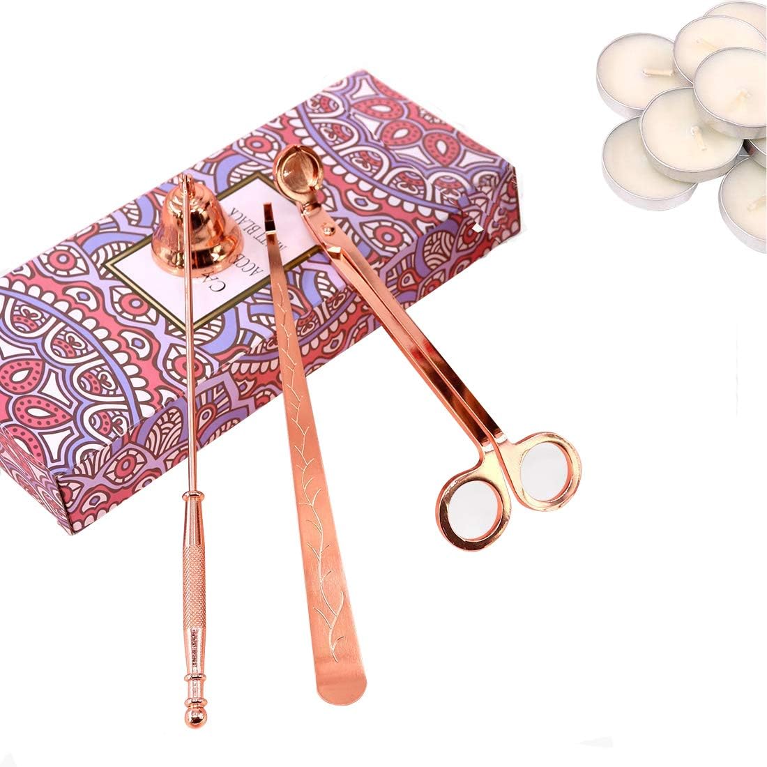 Lingben Candle Snuffer,3 in 1 Candle Accessory Set, Candle Wick Trimmer,Candle Wick Dipper,Stainless Steel Candle Tools Set and Gift Box with Gift Package for Candle Lover(Rose Gold)