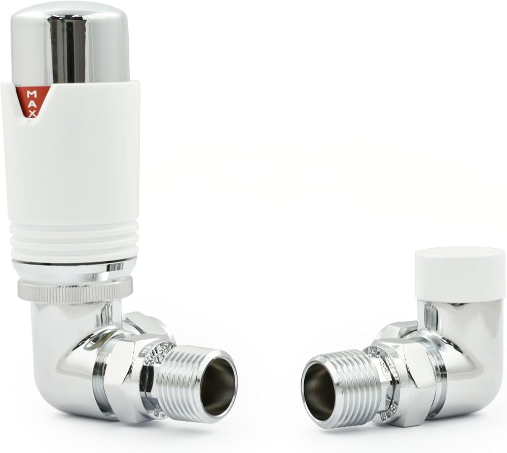 Hot Flow Chrome White Estuary Corner TRV Radiator Valve Pair Frost Protection