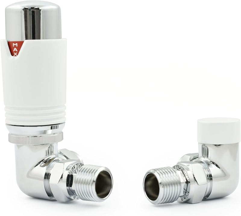 Hot Flow Chrome White Estuary Corner TRV Radiator Valve Pair Frost Protection