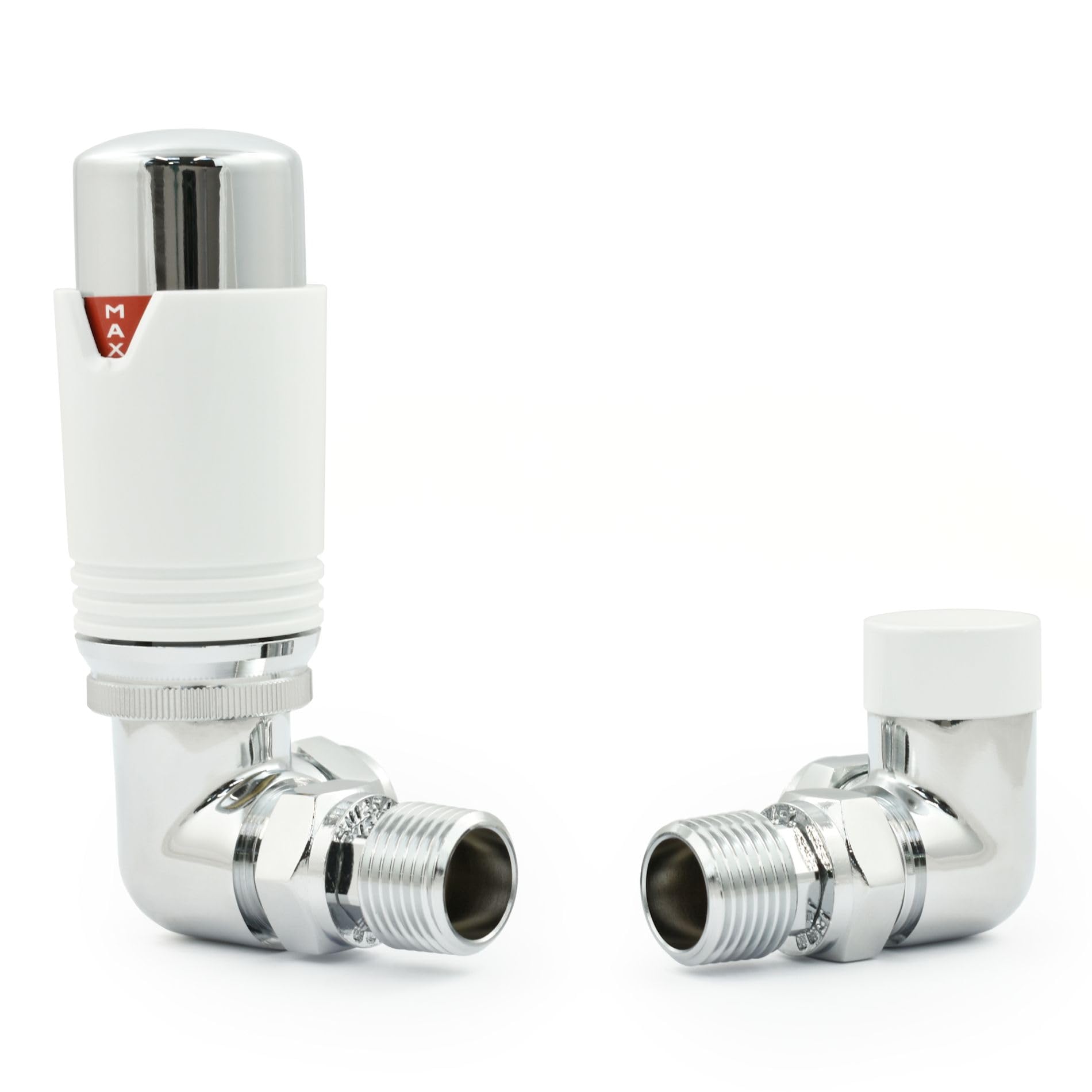 Hot Flow Chrome & White Estuary Corner TRV Thermostatic Radiator Valve (Pair) Includes Corner TRV Body, Wheel Head, Lock Shield. for Quick & Easy Temperature Control.