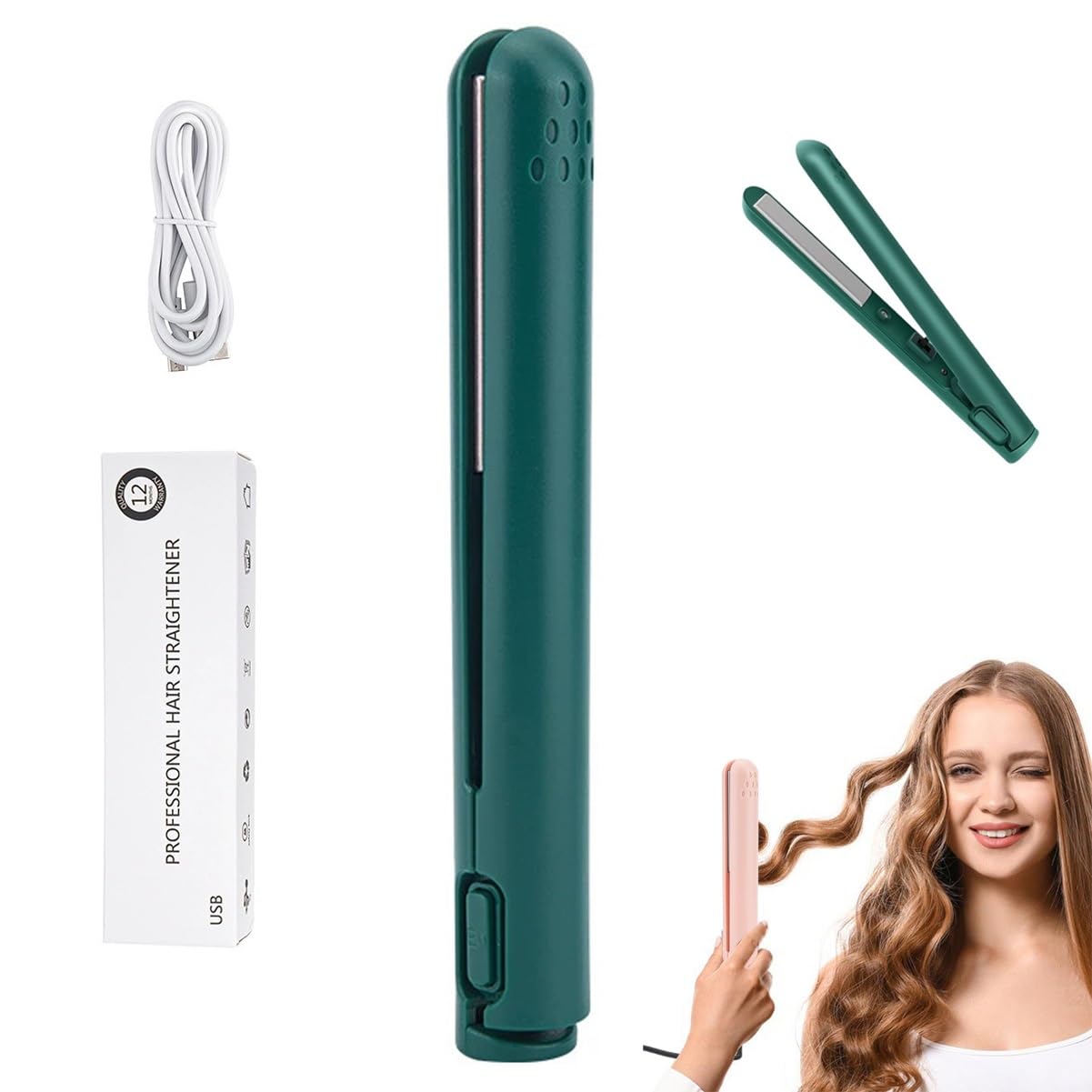2-in-1 Mini Curling Iron, 2025 Upgraded Dual Purpose Curling Wand & Flat Iron Hair Straightener, Portable Travel Curl Wand for Women Short and Long Hairs, All Hair Types(Green)