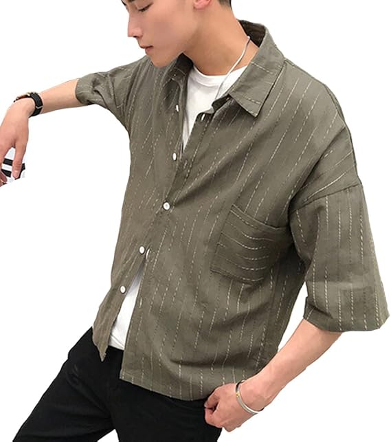 Amazon メンズ シャツ 半袖シャツ ワイシャツ Yシャツ リネンシャツ カジュアル ゆったり ボーダー 五分袖 M カーキ シャツ 通販