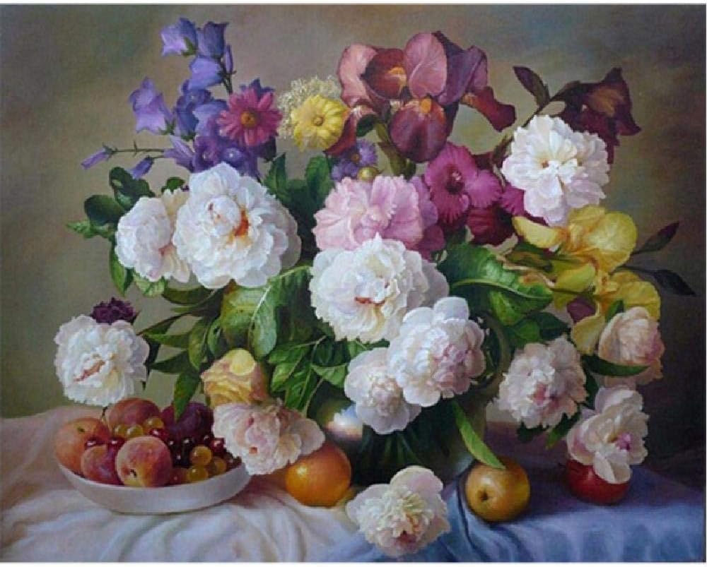 Creative DIY Oil Painting Gift Kits 16 X 20 Inch Canvas-Fruits and Colorful Flowers Paint by Numbers Kits Acrylic Oil Painting Arts Craft for Home Wall Decoration (Without Frame)