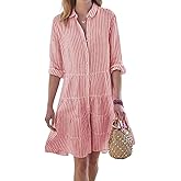 utcoco Women Striped Button Down Midi Shirt Dress Casual Loose Cuffed Long Sleeve Mid Long Dresses (XX-Large, Red)