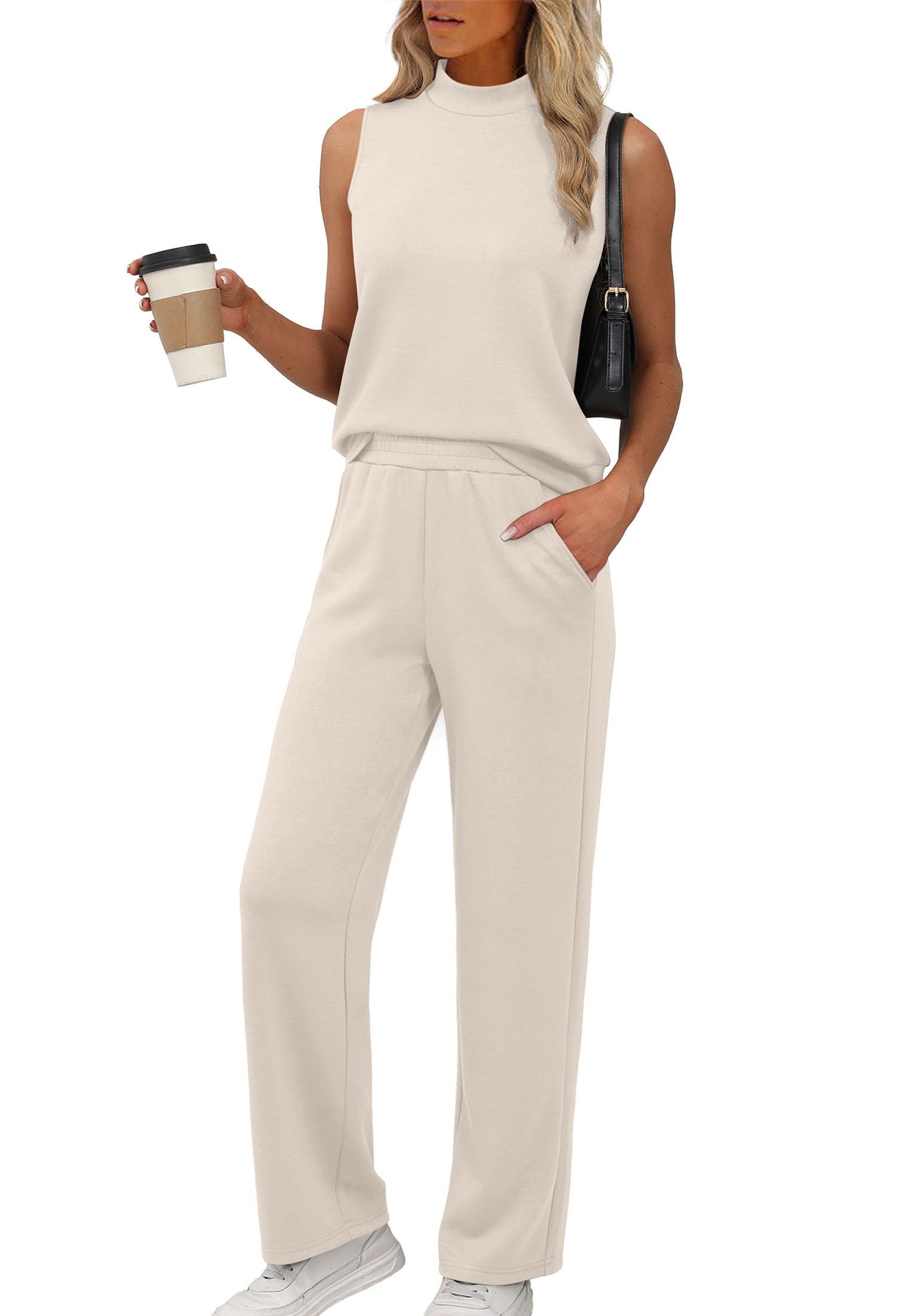 Photo 1 of XIEERDUO Lounge Sets for Women Two Piece Summer Fashion Beach Vacation Clothes Mock Neck Matching Sets Women Clothing Travel Airport Outfits Beige M