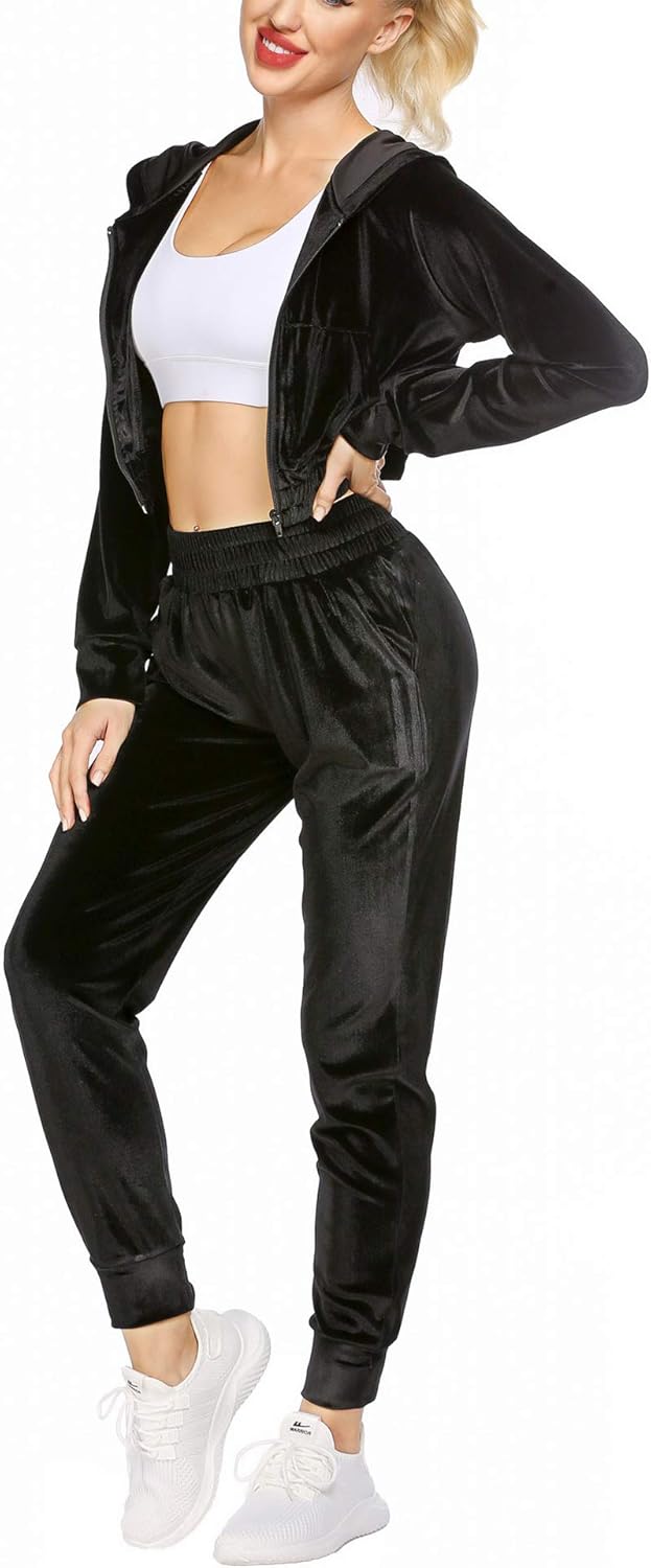 COOrun Velour Tracksuit Womens Zip Up Hoodie Velvet Sweatsuits Sets