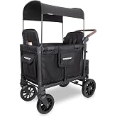WonderFold W2 Luxe Pro Stroller Wagon, Aluminum Frame, 2 Seater, Jet Black | Collapsible Stroller Wagon with an Adjustable Canopy &amp; Push Handle, XL All-Terrain Wheels &amp; 5-Point Harnesses for Kids