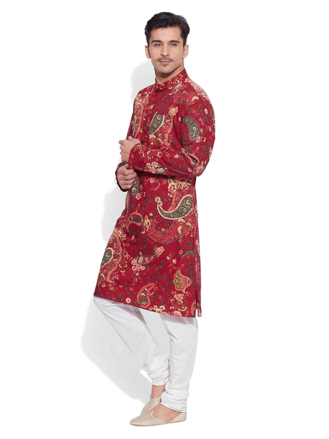 very me men's designer maroon pure cotton printed long kurta
