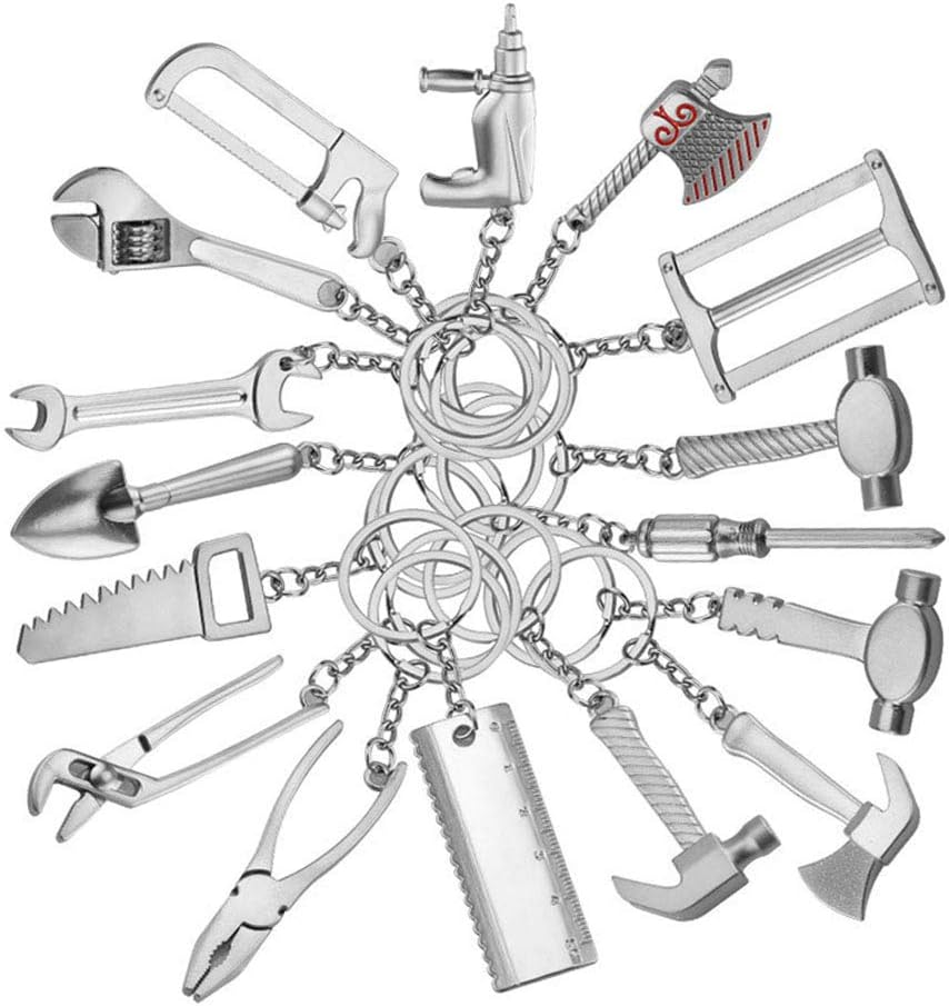 18 Pieces Pretend Play Mini Hardware Tool Metal Keychain Toy Gift Assorted Designs DIY Creative Tool Car Keyring