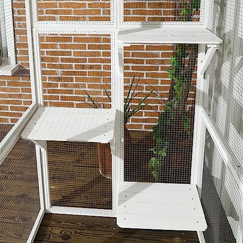PawHut Outdoor Catio Cat Enclosure, Large Weatherproof Cat House with Asphalt Roof, 6 Jumping Platforms, Wooden Walk-in Kitty Cage for Multiple Kittens, 71" x 39" x 71", White