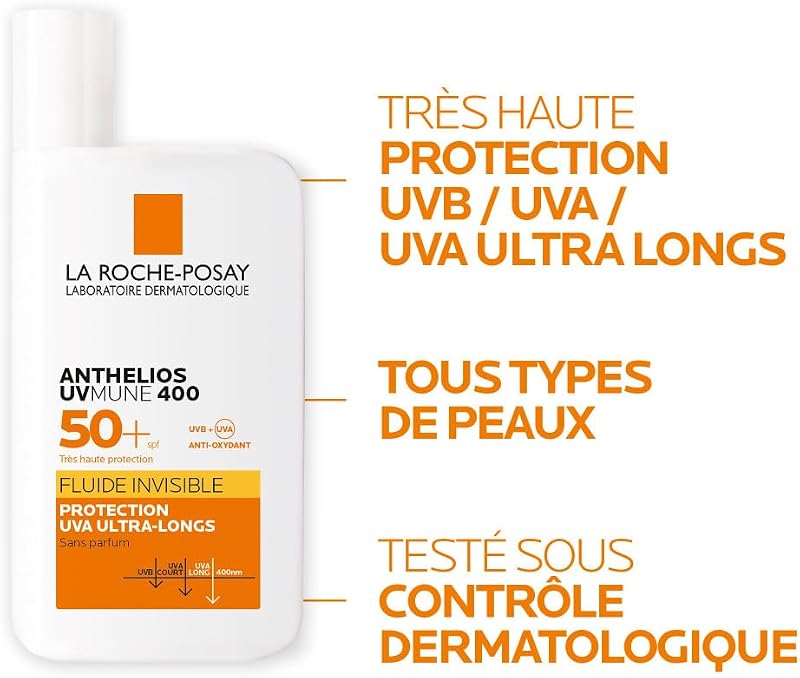 - Fluide Invisible Anthelios UVMUNE 400 - Texture Fluide Ultra Légére Sans Parfum - Soin Pour Le Visage Protection 50+ Haute Efficacité - Produit solaire SPF50 Pour tous types de peau