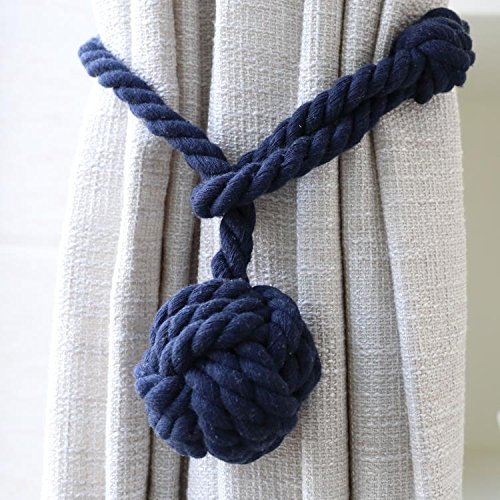 BUZIO 2 Pieces Hand Knitting Blackout Curtain Rope Cord Rural Cotton Tie Back, Navy Blue - Thumbnail 5