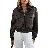 LY VAREY LIN Women Faux Leather Bomber Jacket Distressed Button Front Aviator Biker Coat