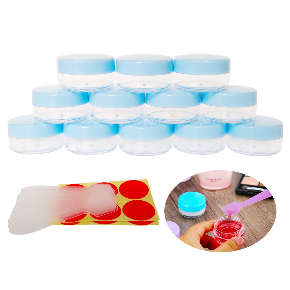 Wopanxye 12pack 10ml Makeup Sample Jars, BPA Free, Small Empty Cosmetic Container, Plastic Round Pot Blue Screw-up Cap Lid, 10g Jar for Lip Gloss Scrubs Salves Ointments Facial Creams Bath Lotions