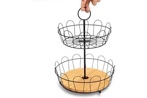 2-Tier Farmhouse Fruit Basket Stand, Wire Fruit Vegetables Countertop Storage Rack, Multifunctional Detachable Bread Snack Ho