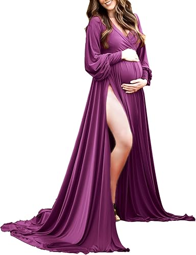 Maternity Gown Bishop Sleeves Baby Shower Dress Wrap Side Slit