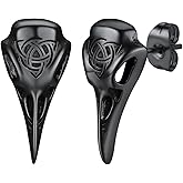 ChainsHouse Viking Earrings for Men, Raven Skull/Celtic Cross Ear Studs, Stainless Steel/Black/Gold Plated Punk Gothic Earrings, Lightweight Hypoallergenic Stud Jewelry with Gift Box