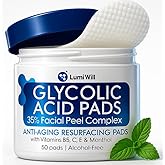 Glycolic Acid Pads 35% - Exfoliating Face Pads with Vitamins B5, C, E & Green Tea - Resurfacing Acid Exfoliator for Uneven Tone & Texture - At-Home Chemical Exfoliant for Face - 50 Pre-Soaked Pads