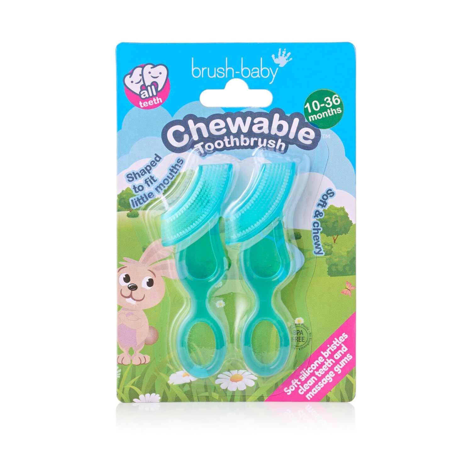 Brush-Baby Chewable Soft Toothbrush for Babies & Toddlers | Stage 2 First Teeth - Teething | Suitable from 10-36 Months | Gently Cleans Baby Teeth and soothes Sore Gums | Teal Colour, Pack of 2