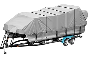 CAMINOR Pontoon Boat Cover 17-20 ft, 17 18 19 20 Foot Waterproof Pontoon Cover, 1200D Heavy Duty Canvas 17' 18' 19' 20' Pontoon Boat Cover with Motor Cover, Gray