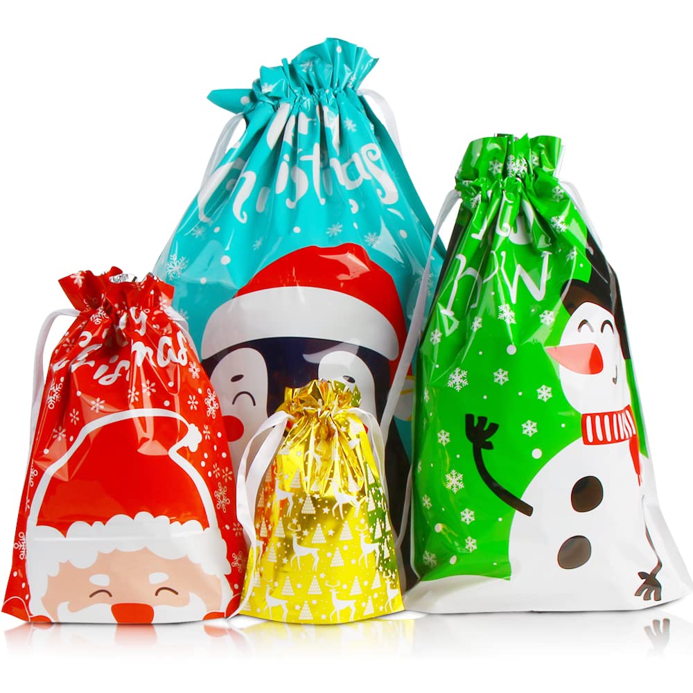 LOKIPA Christmas Drawstring Gift Bags, 30Pcs Assorted Sizes Christmas Foil Wrapping Bag for Xmas Holiday Presents Party Favor