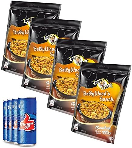 BollyWood's Movie Nibble Pack 1 Bombay & Coke 4X BollyWood's Snack Bombay Mix Hot & Spicy by Raja Tiger 175 g + 4X Thums Up - The Indian Cult Cola