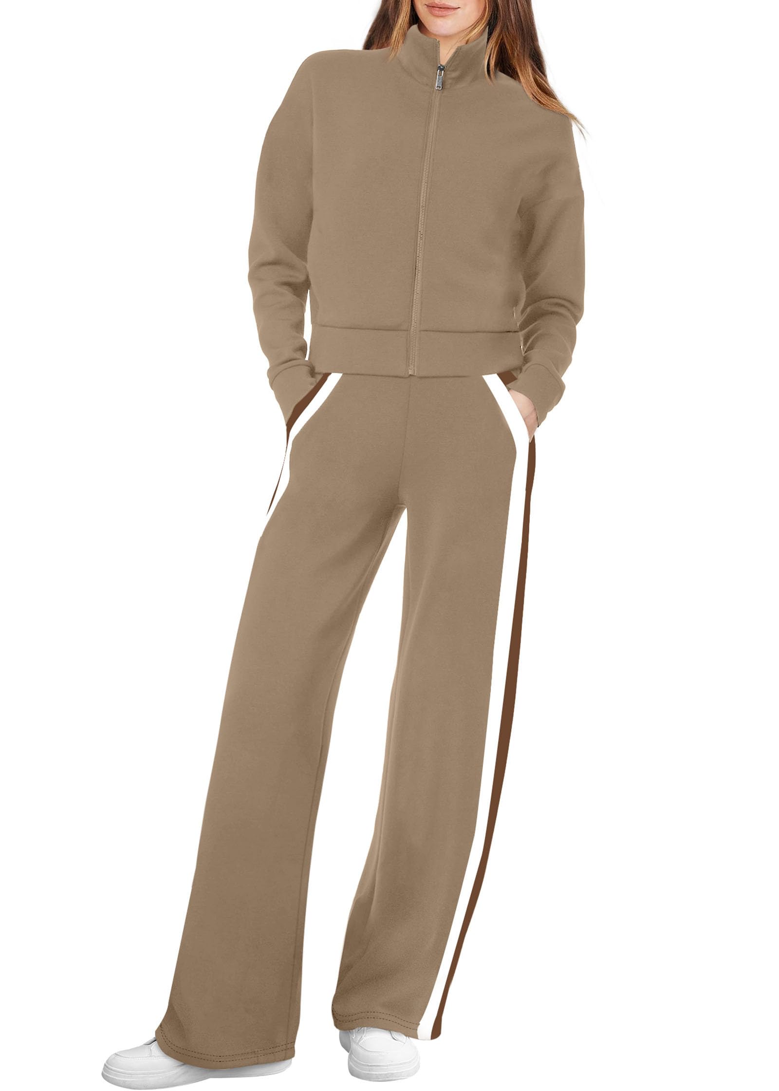 Photo 1 of XIEERDUO Chocolate Brown Fall Clothes Two Piece for Women Comfiest Airport Outfits Lounge Sets Winter Clothing Workout Set Sweatsuits Coffe L