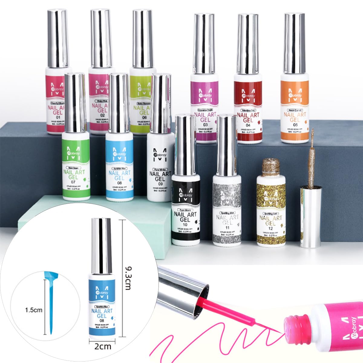 Fcozpjk Nail Art Liner Gel Polish Set, 12 Colors Kit With Neon Pink Green Painting and Thin Brush, Soak off Black White Drawing for French Tips, Wave Swirls Nail Design