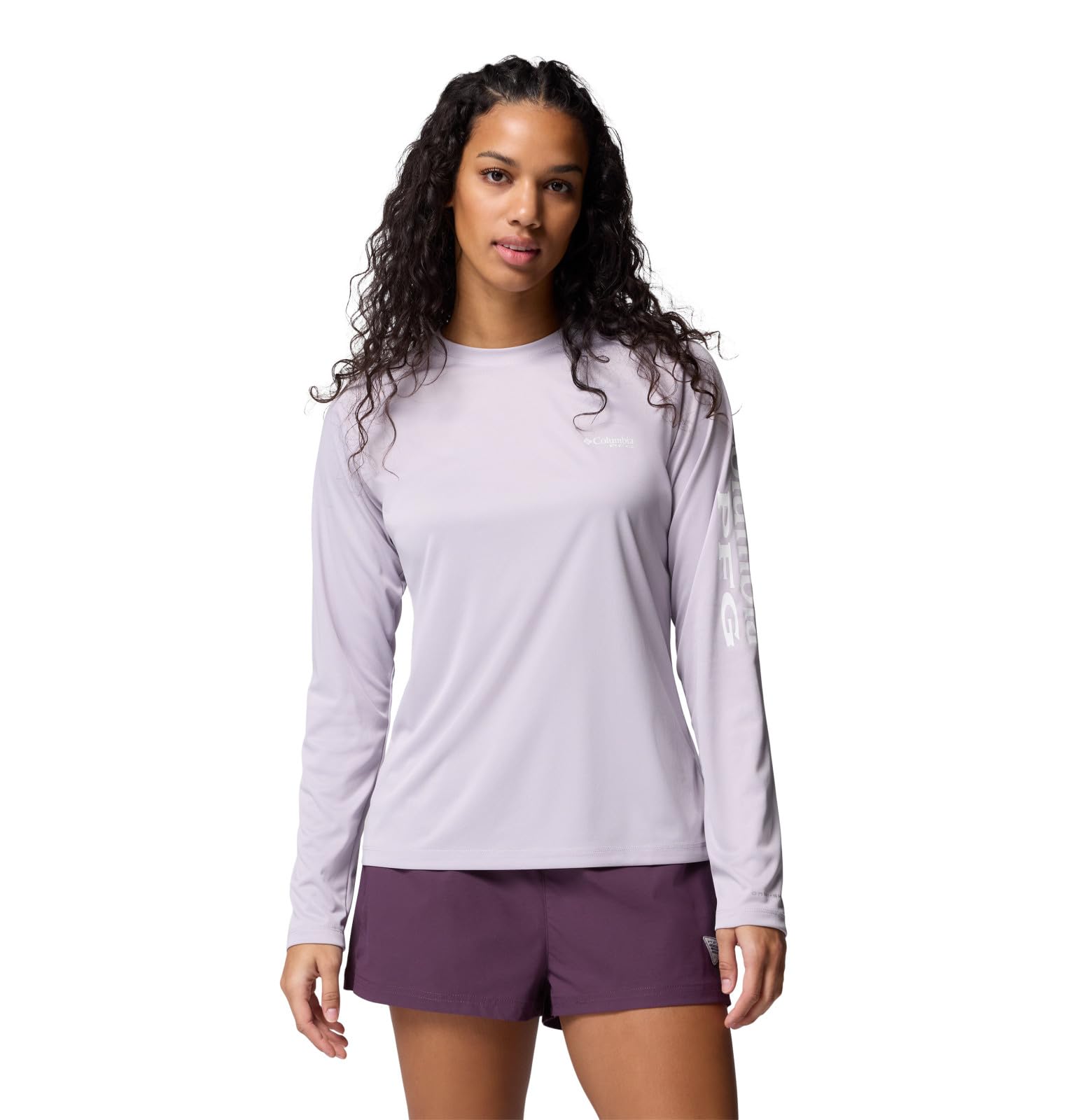 Columbia Womens PFG Tidal Tee II Long Sleeve Sun Protection Shirt, Lavender Pearl Heather/White Logo, XX-Large Image