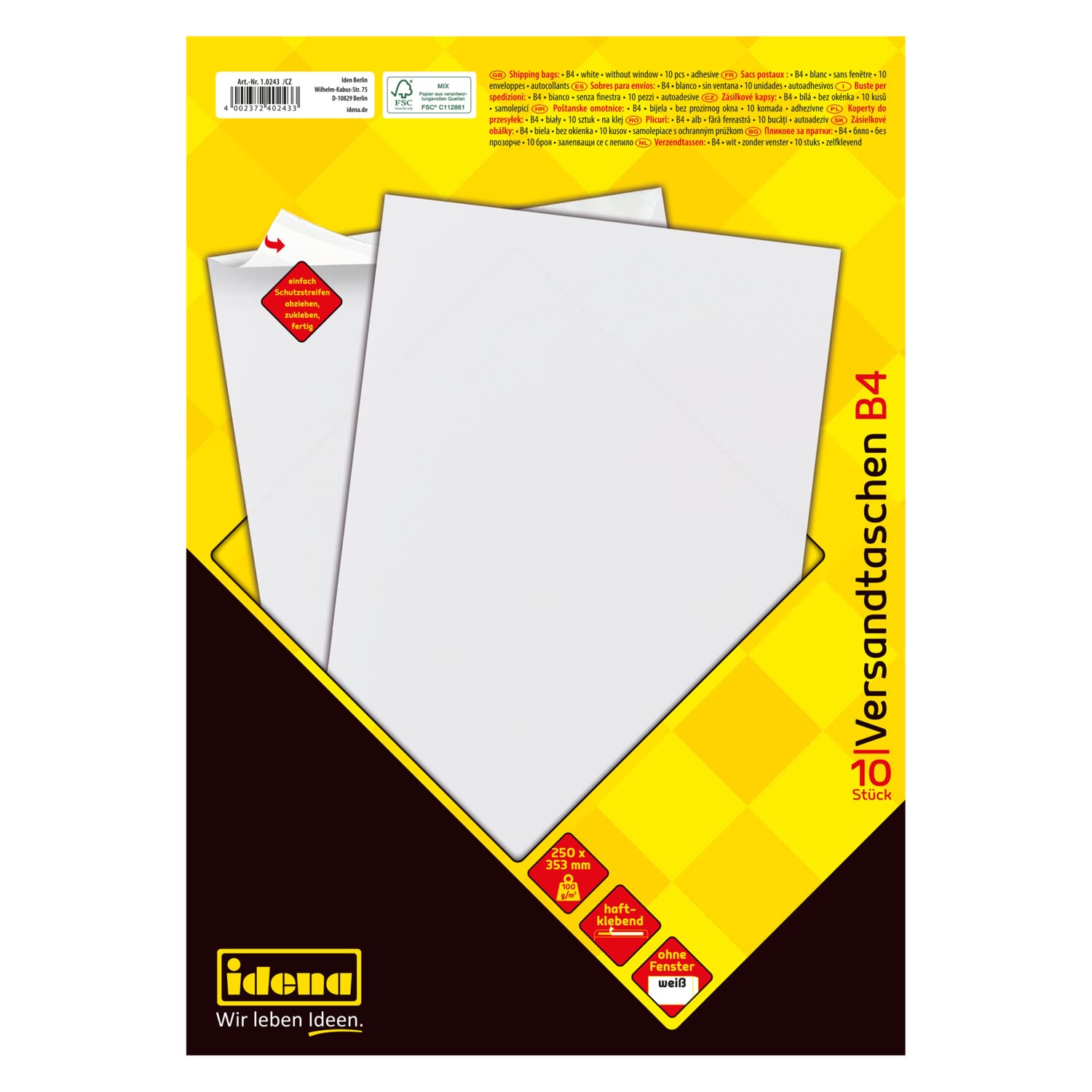 IDENA 10243 Envelope DIN A4 100 g/m² Self Adhesive Without Window – Pack of 10 FSC Mix, White