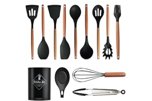 Silicone Kitchen Utensils Set for Cooking: 446°F Heat Resistant Cooking Gadgets Tools with Wood Handle - Turner Tongs,Spatula