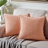 Fancy Homi Pack of 2 Peach Decorative Throw Pillow Covers 18x18 Inch with Pom-poms for Couch Bed Living Room Bedroom, Farmhouse Boho Home Decor, Soft Coral Corduroy Solid Square Cushion Case 45x45 cm