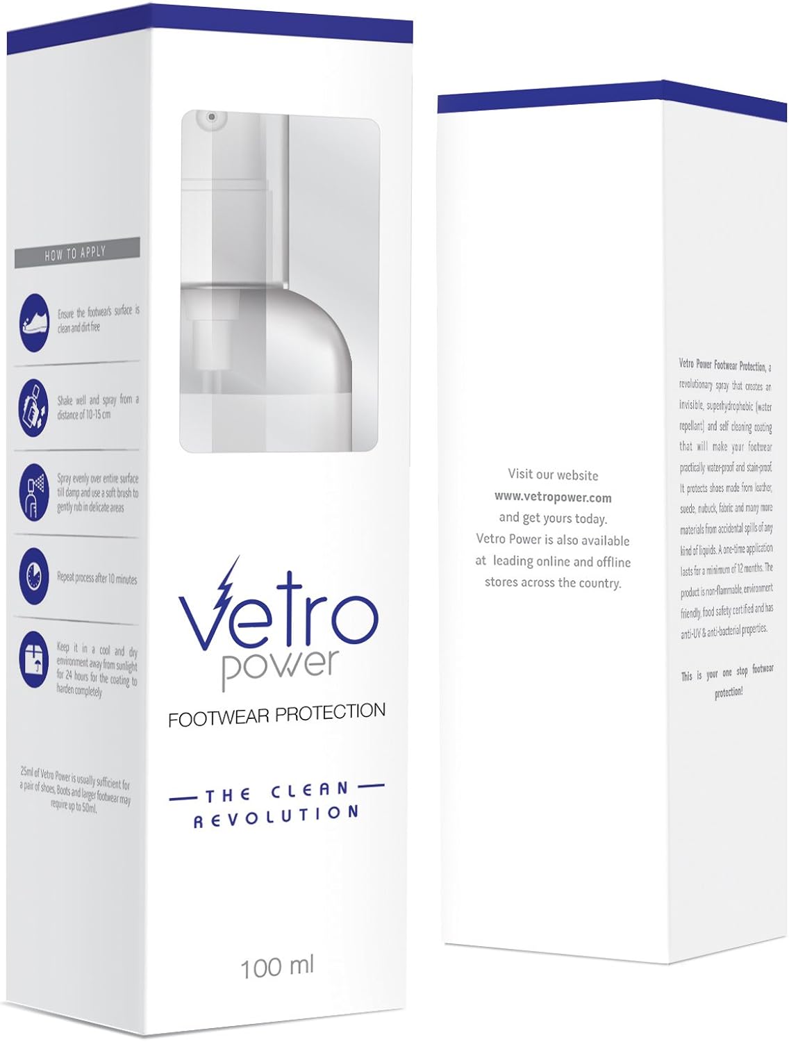 Vetro Power Shoe Protection Spray 100ml Invisible Water Stain Repellent Protection for All Types of Shoes Suede Nubuck, Fabric (1-Pack): Shoes