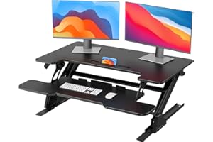 HUANUO 36" Z Shaped Stable Standing Desk Converter, Height Adjustable Sit Stand Up Desk Riser, Dual Monitor and Laptop Workstation with Wide Keyboard Tray, Desk Lifter for Home Office