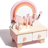 WOODENFUN Wooden Vanity Set for Kids, Pretend Play Toddler Makeup Toy | Vanity Table Toys with Mirror, Beauty Salon Set Includes Makeup Accessories, Little Girls Birthday Gifts Age 3+