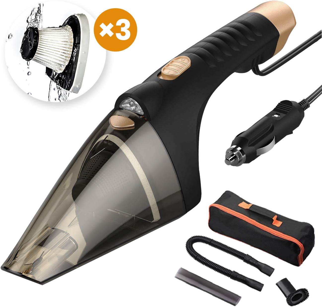 Favoto Car Vacuum Cleaner Handheld Corded 106W 4000PA Strong Suction Vacuum Wet/Dry Portable Dust Buster with LED Light HEPA Filter 5m/16.4ft Cable and Carrying Bag