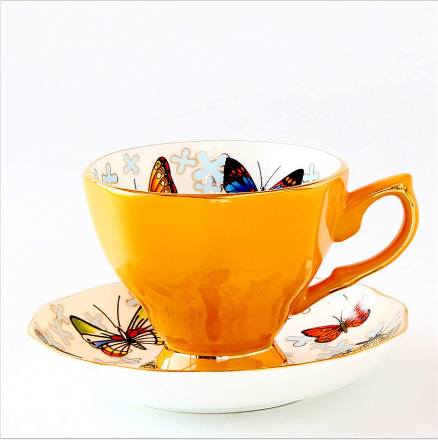 Bone China Coffee Cup Afternoon Tea Cup Set Red Tea Cup Saucer Teacup Pure Color Butterfly Print 170ml Orange